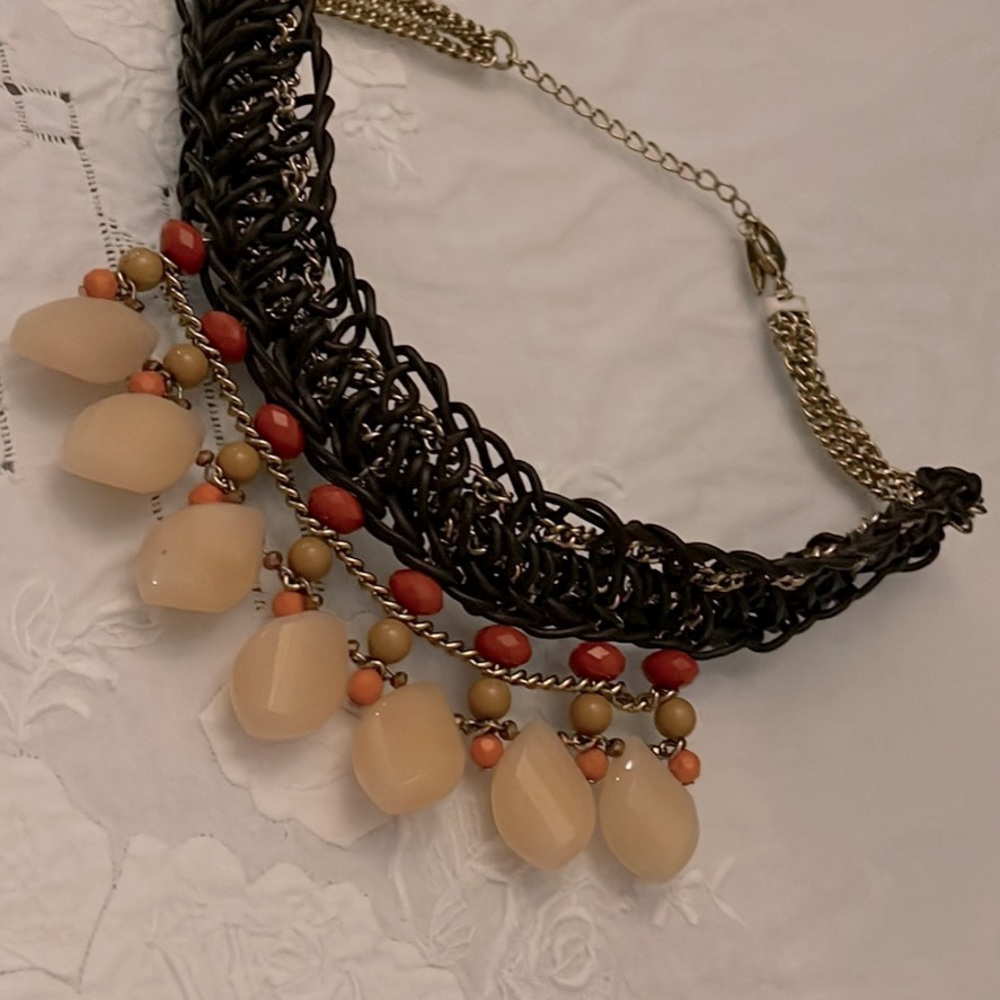 Beautiful brown crochet leather Coldwater Creek necklace dead stock